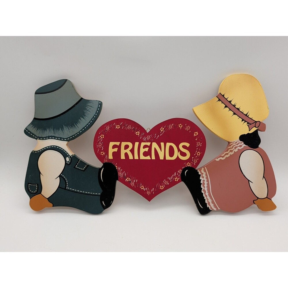 Vtg Friends Wall Plaque Amish Heart Boy Girl Hand Painted